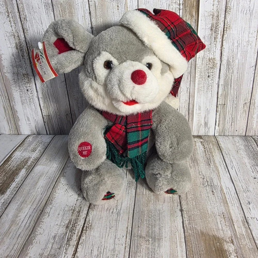 Ashten Racks Christmas Mouse Plush Grey Plaid Santa Hat Scarf Squeeze Me 12 Inch